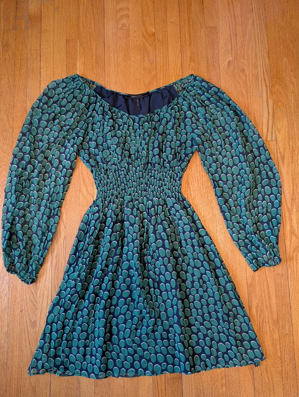 BCBGMAXAZRIA 100% Silk Smocked Waist Mini Dress Green Dot XS